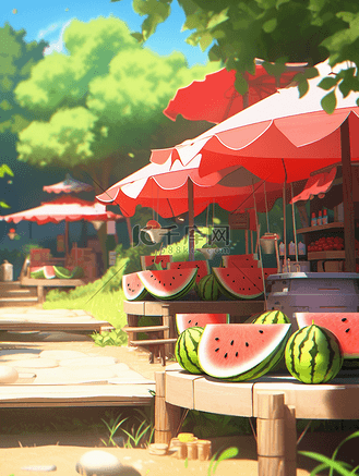夏天夏季场景插画草坪上的西瓜