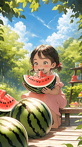 大暑快乐插画图片_小女孩吃西瓜夏天