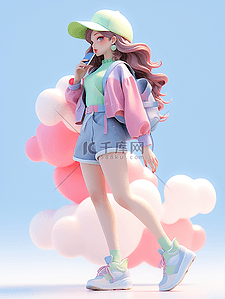 3D立体多巴胺人物插画牛仔短裤少女