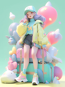 红绿蓝气球插画图片_3D立体多巴胺人物插画时尚少女