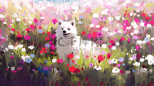 卡通水彩动物插画图片_一只白色的狗蹲在花丛中