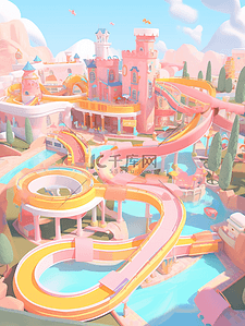 粉色立体风插画图片_粉色梦幻卡通3D立体过山车游乐场