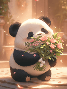 熊猫夜宵插画图片_3D毛绒熊猫捧着一束花
