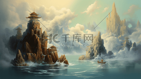 中国风梦幻神话海上仙山风景插画
