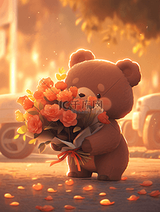 小熊绘画插画图片_3D毛绒小熊捧着一束花