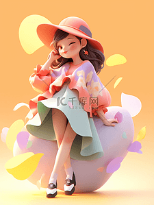 房梁花纹插画图片_3D立体多巴胺人物插画花纹毛衣少女