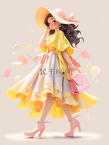 长裙翩翩插画图片_3D立体多巴胺人物插画长棕发少女