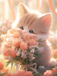 3D毛绒猫咪捧着一束花