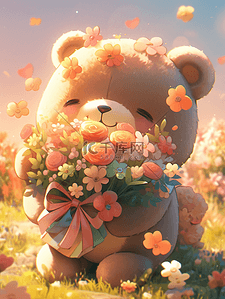 3D毛绒小熊捧着一束花