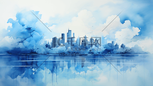 水彩画城市插画图片_靛青蓝色水彩城市