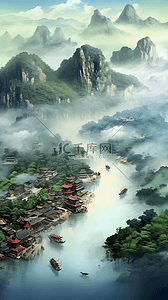 中国风宏大壮观山川山水插画
