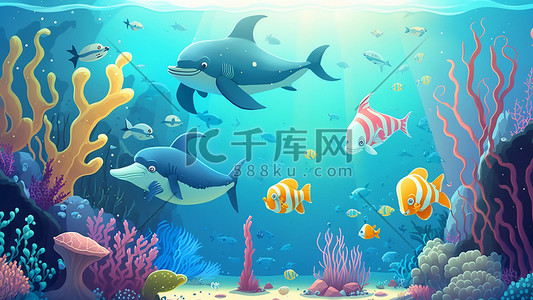 海豚免抠图插画图片_卡通可爱的水下背景海洋海底世界