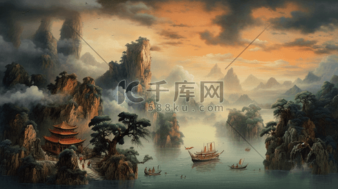 中国风梦幻神话山水建筑风景插画