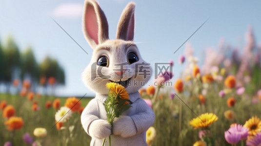 超高清卡通可爱毛绒兔子手拿鲜花背景