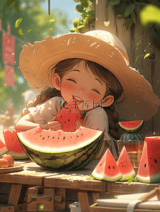 夏天夏季场景插画小女孩吃西瓜