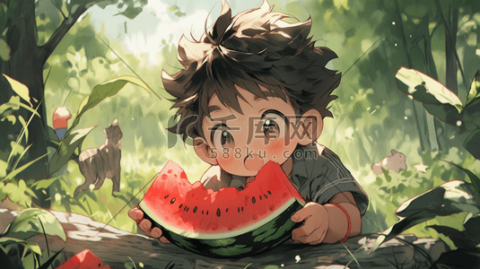 吃夏天的西瓜插画图片_夏天夏季西瓜和孩子场景