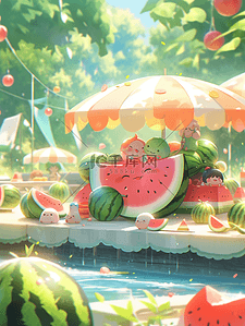 创意西瓜插画图片_夏天夏季场景插画创意西瓜派对