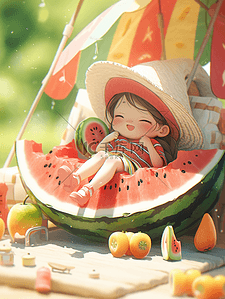 小女孩吃西瓜插画图片_夏天夏季场景插画小女孩吃西瓜