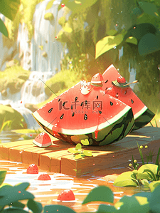 夏天夏季场景插画木板上的西瓜