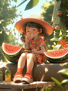 小女孩吃西瓜插画图片_夏天夏季场景插画小女孩吃西瓜