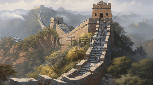 古代城墙插画图片_中国古代万里长城