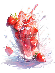 草莓冰块插画图片_一杯草莓奶昔溅上冰块14