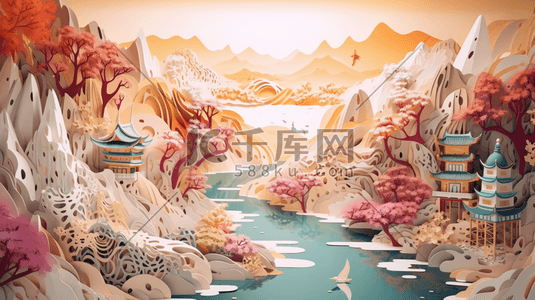 彩色中国风剪纸风山水建筑插画9