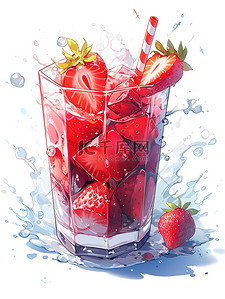 草莓冰块插画图片_一杯草莓奶昔溅上冰块15