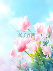 蓝天下粉红色郁金香花朵唯美16
