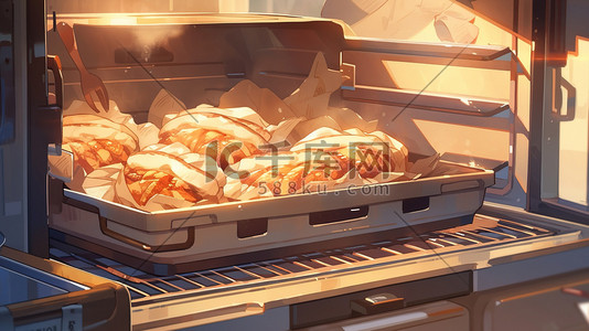热腾腾的食物插画图片_烤箱烤盘上的面包美食食物19