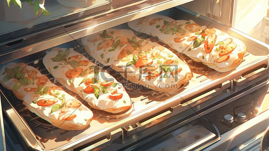 午餐食物插画图片_烤箱烤盘上的面包美食食物4