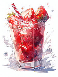 草莓冰块插画图片_一杯草莓奶昔溅上冰块16