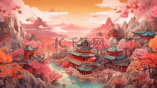 彩色中国风剪纸风山水建筑插画3