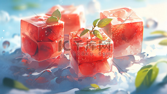 草莓冰块插画图片_夏天冰冻的水果冰块插画15