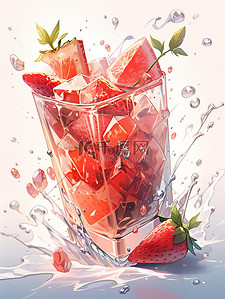 草莓冰块插画图片_一杯草莓奶昔溅上冰块5