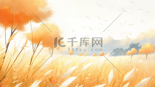 田野的插画图片_橙色黄色立秋田野的芦苇风景