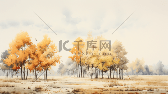 黄色橙色插画图片_秋天初秋黄色橙色树木风景