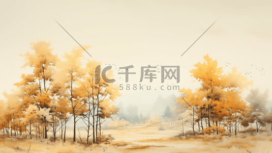 黄色橙色插画图片_秋天初秋黄色橙色树木风景