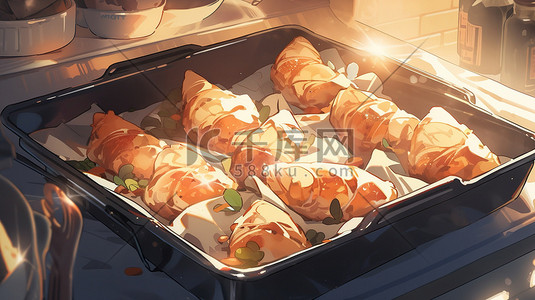 热腾腾的食物插画图片_烤箱烤盘上的面包美食食物16