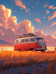 红色日落插画图片_日落时分停在草地上的巴士4
