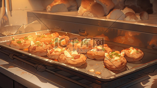 热腾腾的食物插画图片_烤箱烤盘上的面包美食食物13