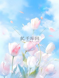 蓝天下粉红色郁金香花朵唯美5