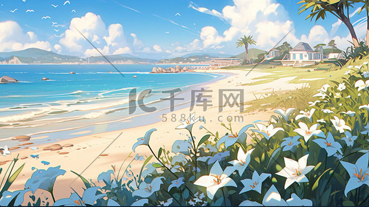 旅行海滩插画图片_夏天大海海滩美丽花朵插画18