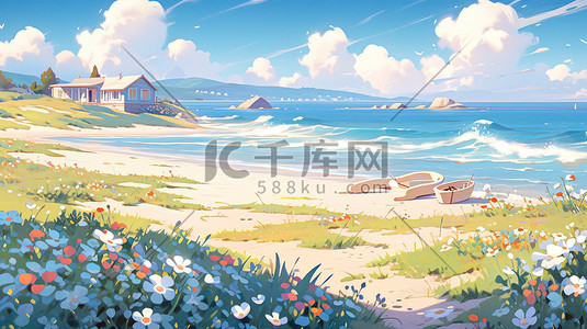 旅行海滩插画图片_夏天大海海滩美丽花朵插画5