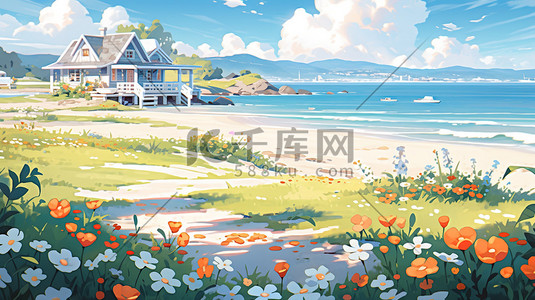 旅行海滩插画图片_夏天大海海滩美丽花朵插画9