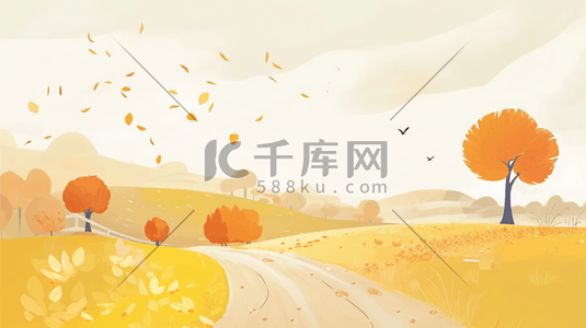 黄色橙色插画图片_秋天初秋黄色橙色树木风景