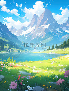 野花图形插画图片_夏天美丽的雪山湖泊草地野花2