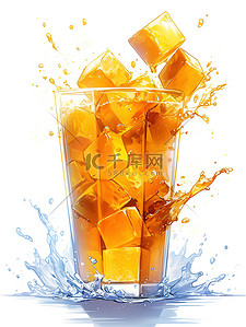 一杯带有冰块飞溅的橙汁插画16