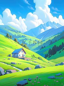 夏天绿色插画图片_雪山脚下宁静的村庄夏天绿色草地