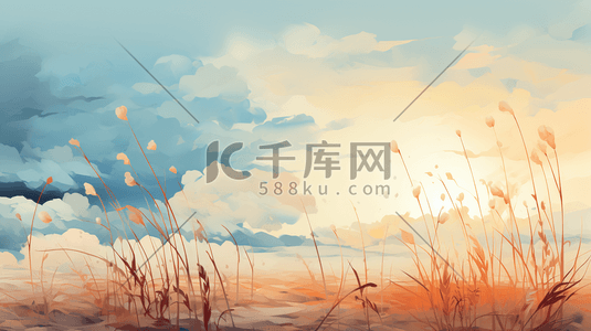 芦苇插画图片_水彩画立秋景色田野芦苇风景